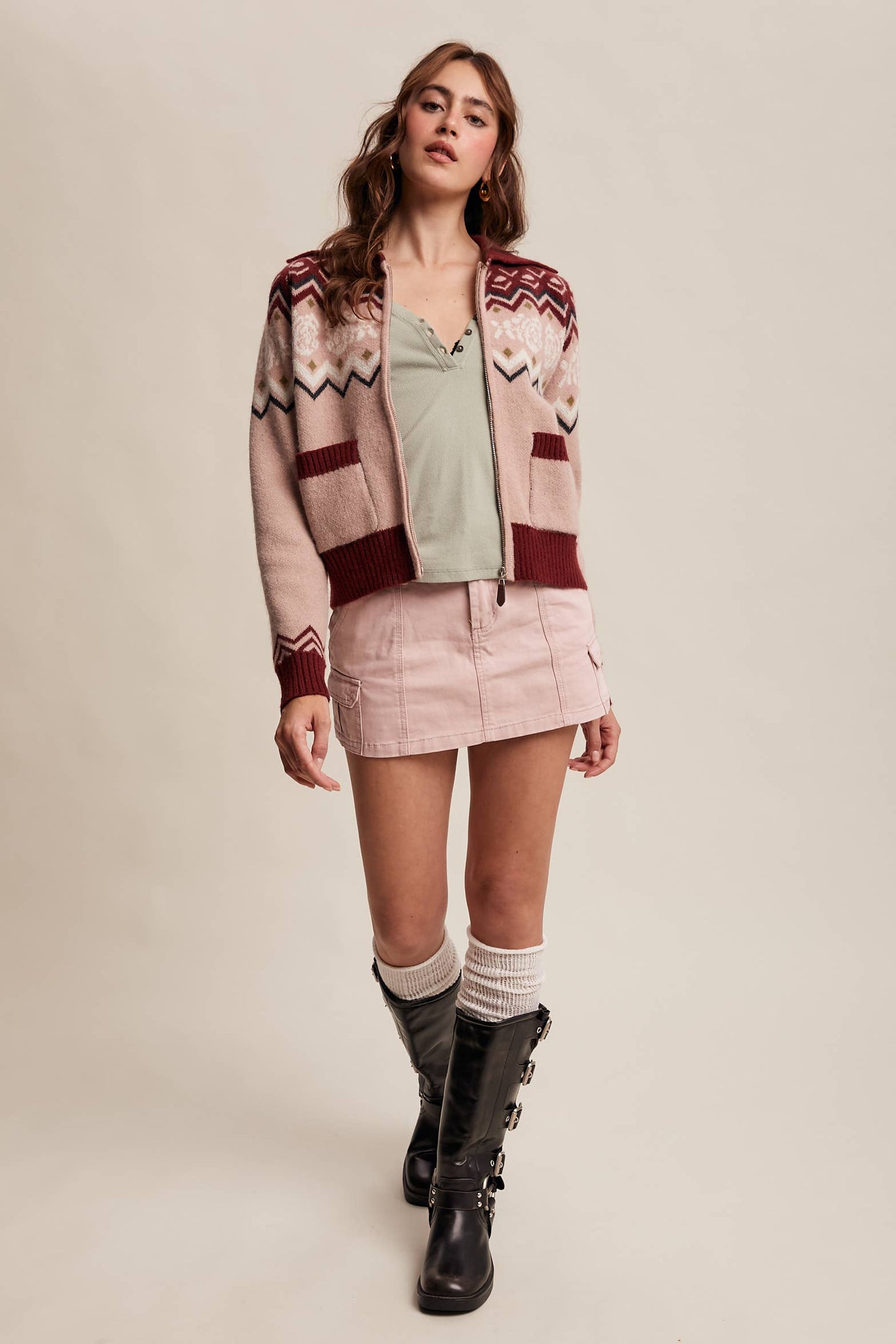 Retro Floral Knit Zip-Up Cardigan