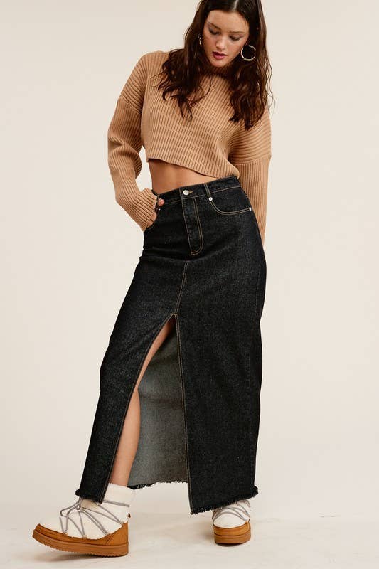 Mid-Rise Denim Maxi Skirt with Front Slit