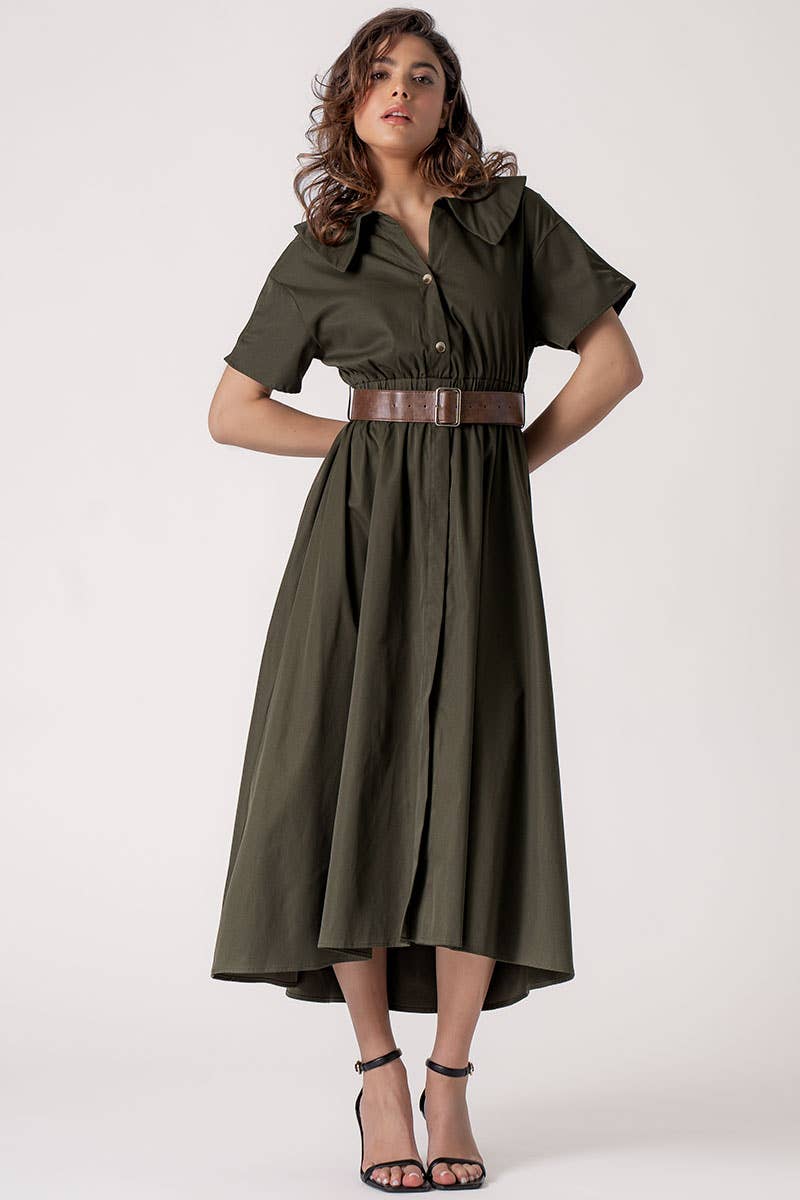 Exaggerated Collar Spring Shirt Belted Midi Dress