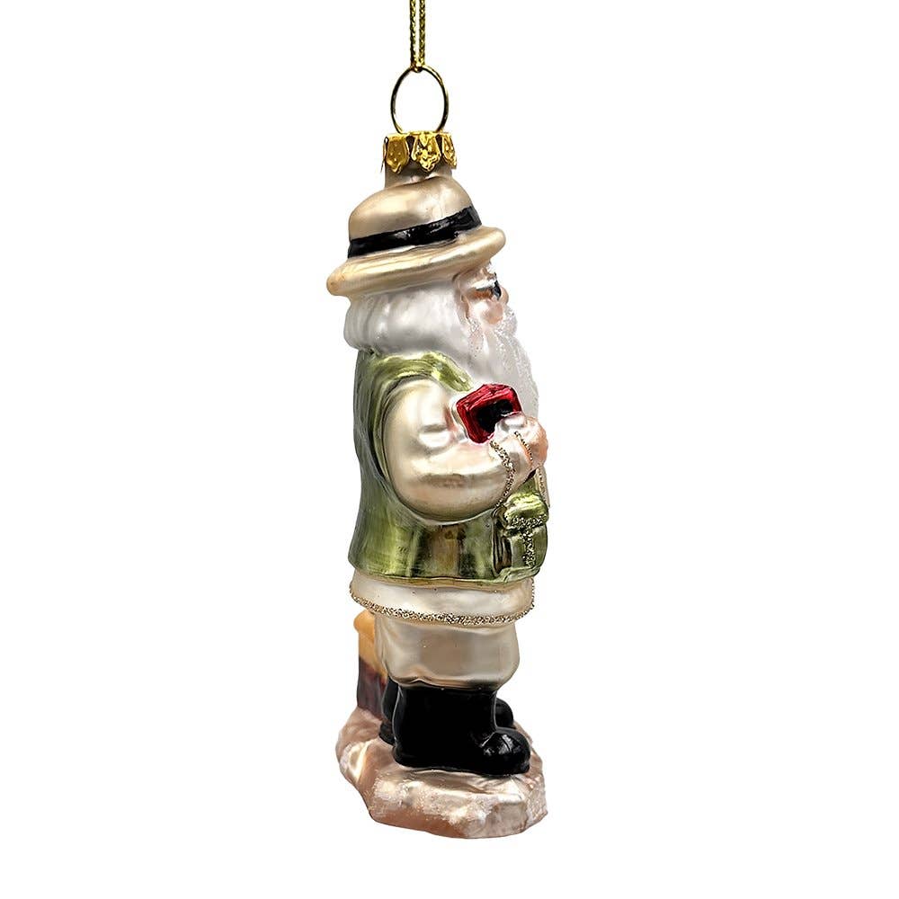 Adventurous Safari Santa Handblown Glass Ornament