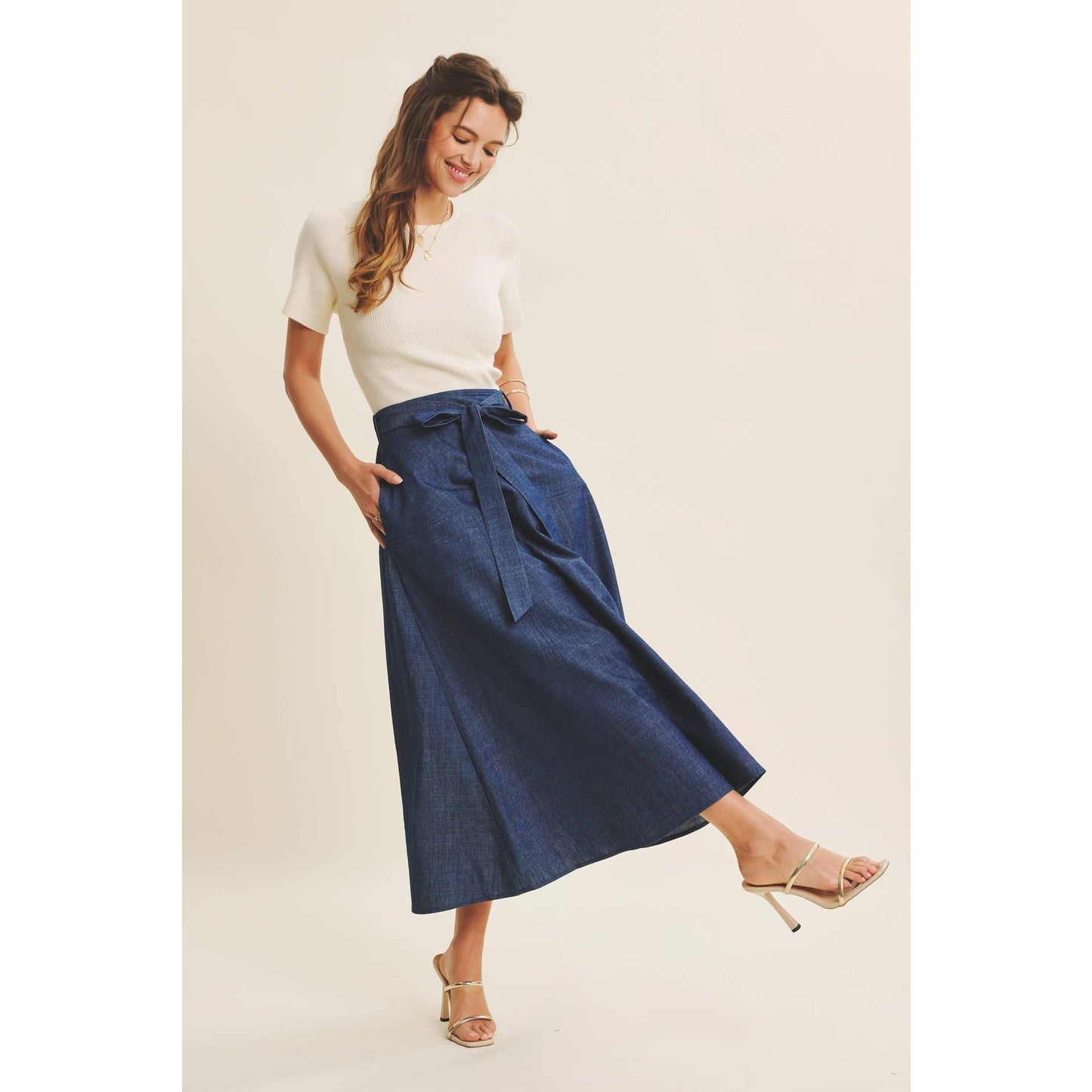 EFFORTLESS MIX OF COZY AND POLISHED TWOFER DENIM DRESS