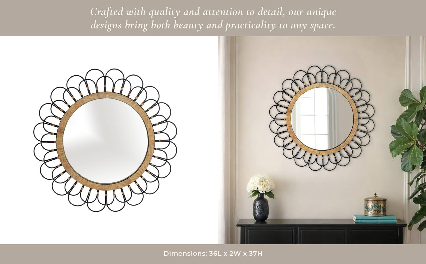 Black 36 in. Metal Round Daisy Wall Mirror