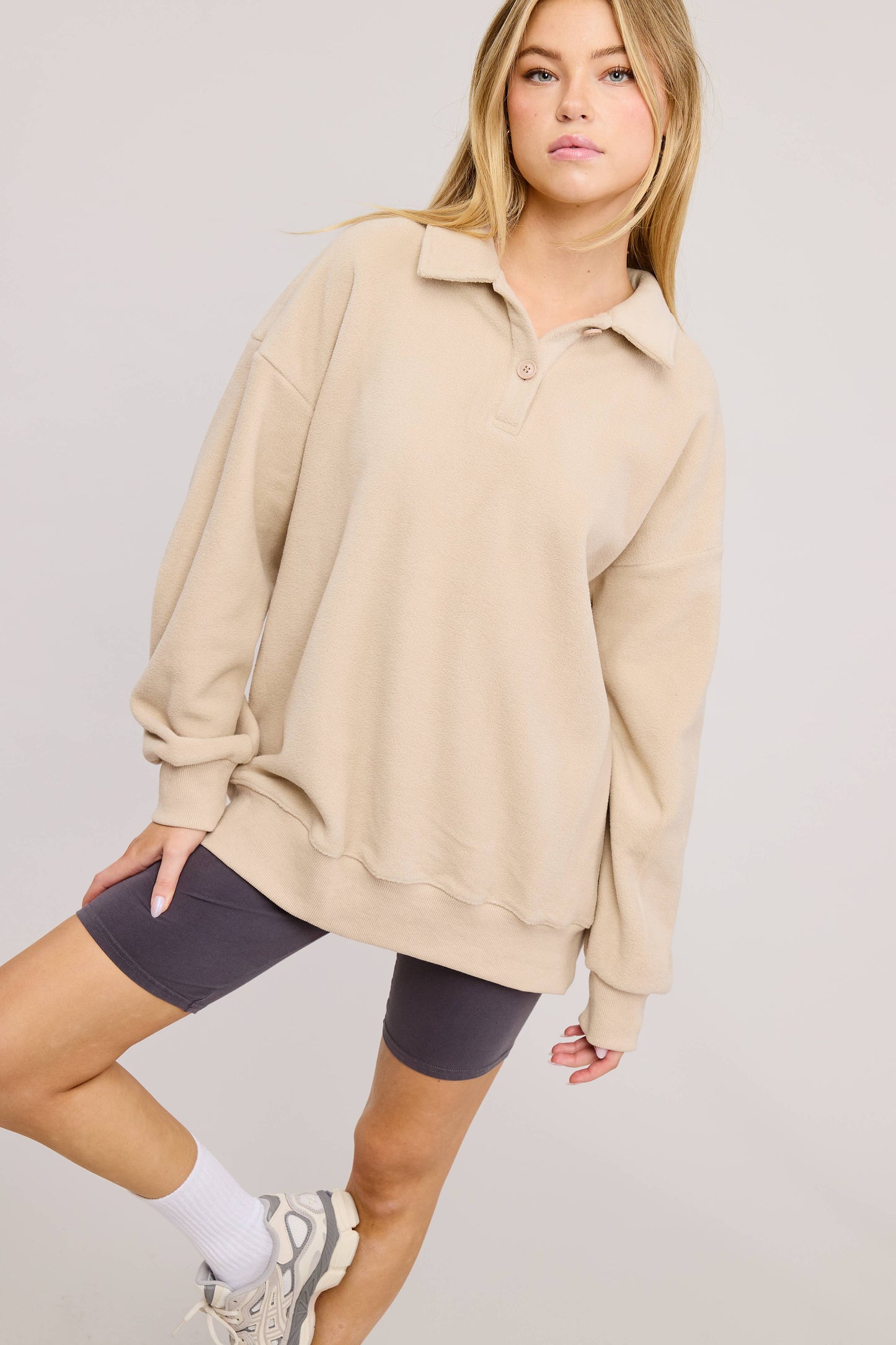 Teddy Velour Buttoned Collar Pullover Knit Sweater