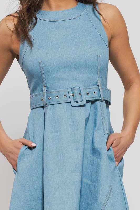Fit and Flare Sleeveless Denim Midi Dress