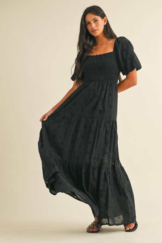 Black Eyelet Smocked Puff Sleeve Midi Dress