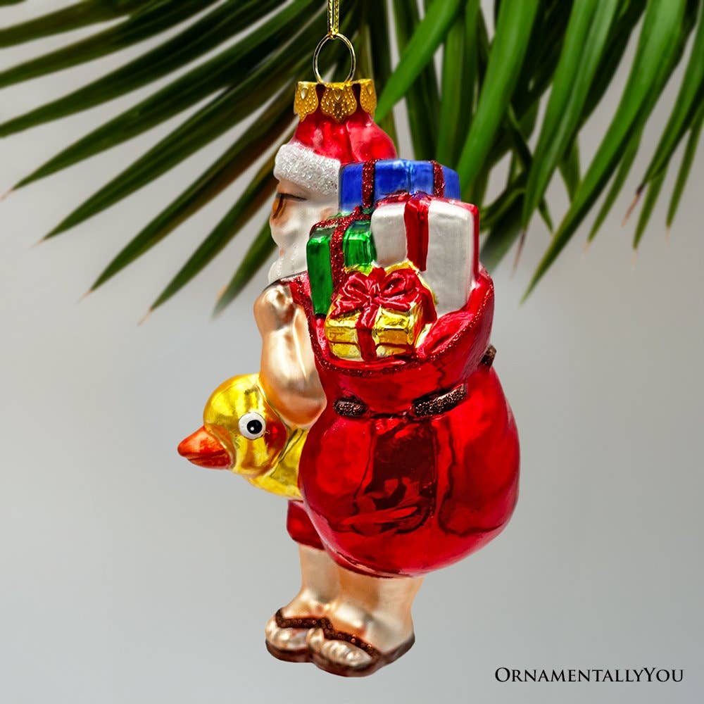 Santa on Summer Vacation in the Pool Quirky Glass Ornament
