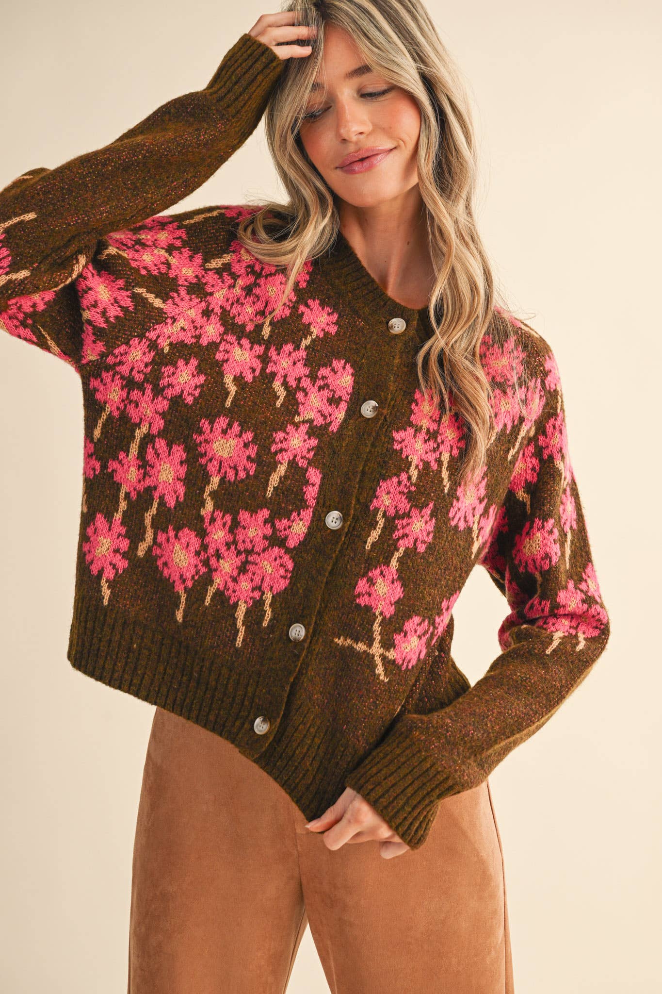 FLORAL KNIT BUTTON DOWN SWEATER CARDIGAN MSW11238