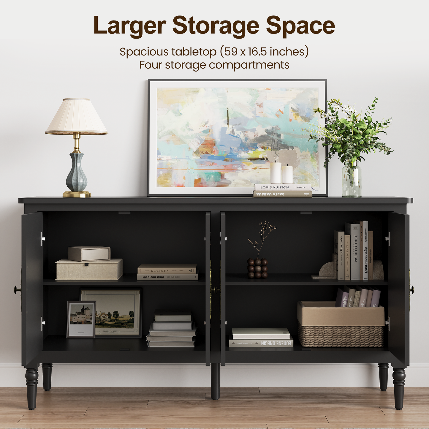 Console Cabinet, 58'' Mid Century Modern Pantry Cabinet