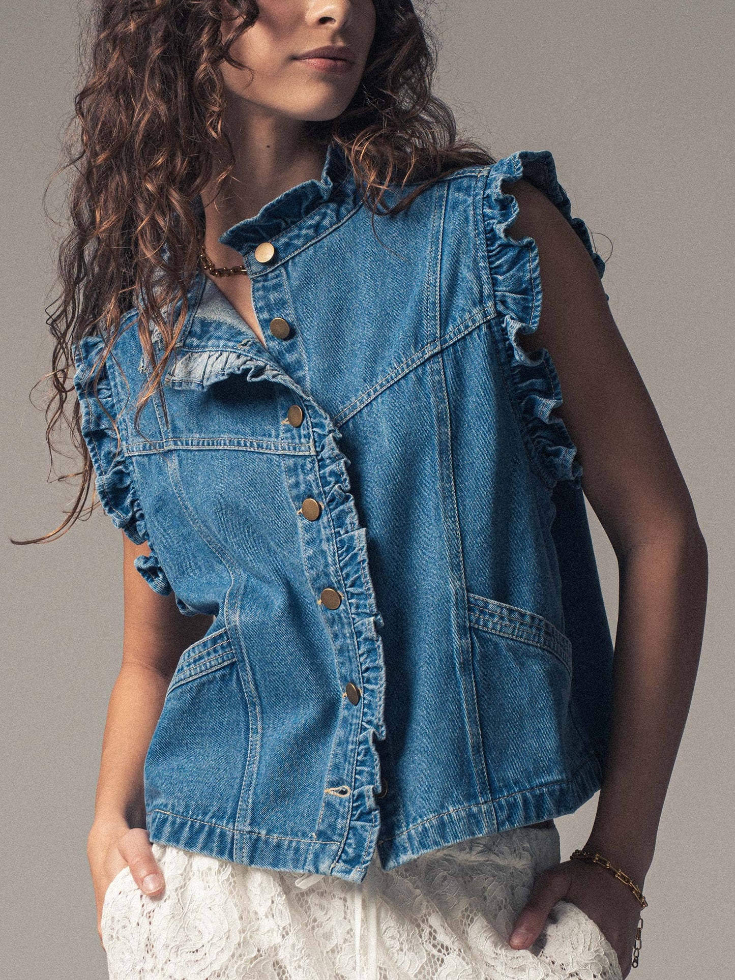 Victorian Ruffle Trim Denim Vest with High Collar