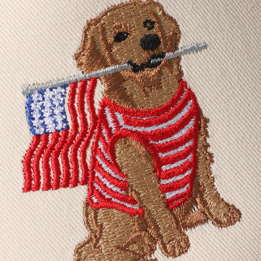 Golden Retriever Holding USA Flag Denim Brim Trucker Hat