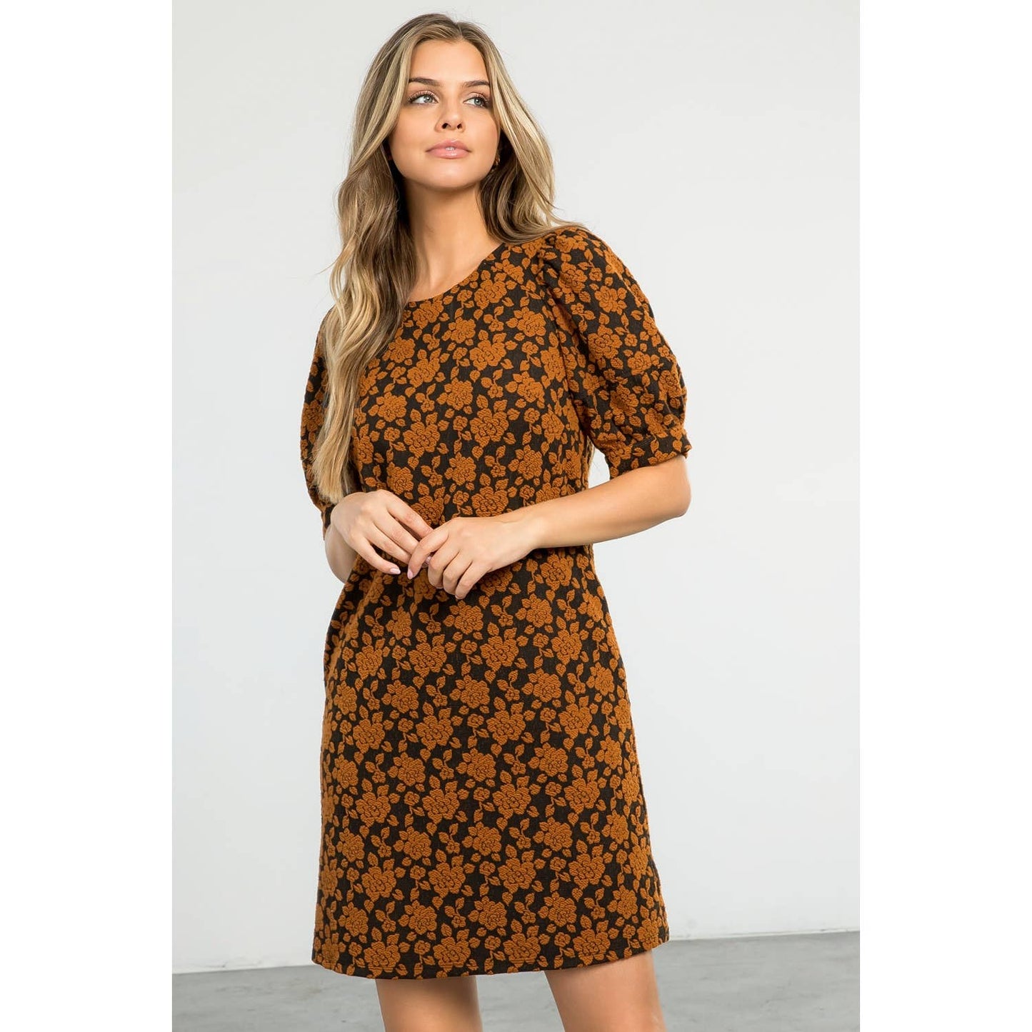 Textured Black Dress with Puff Sleeves and Floral Print