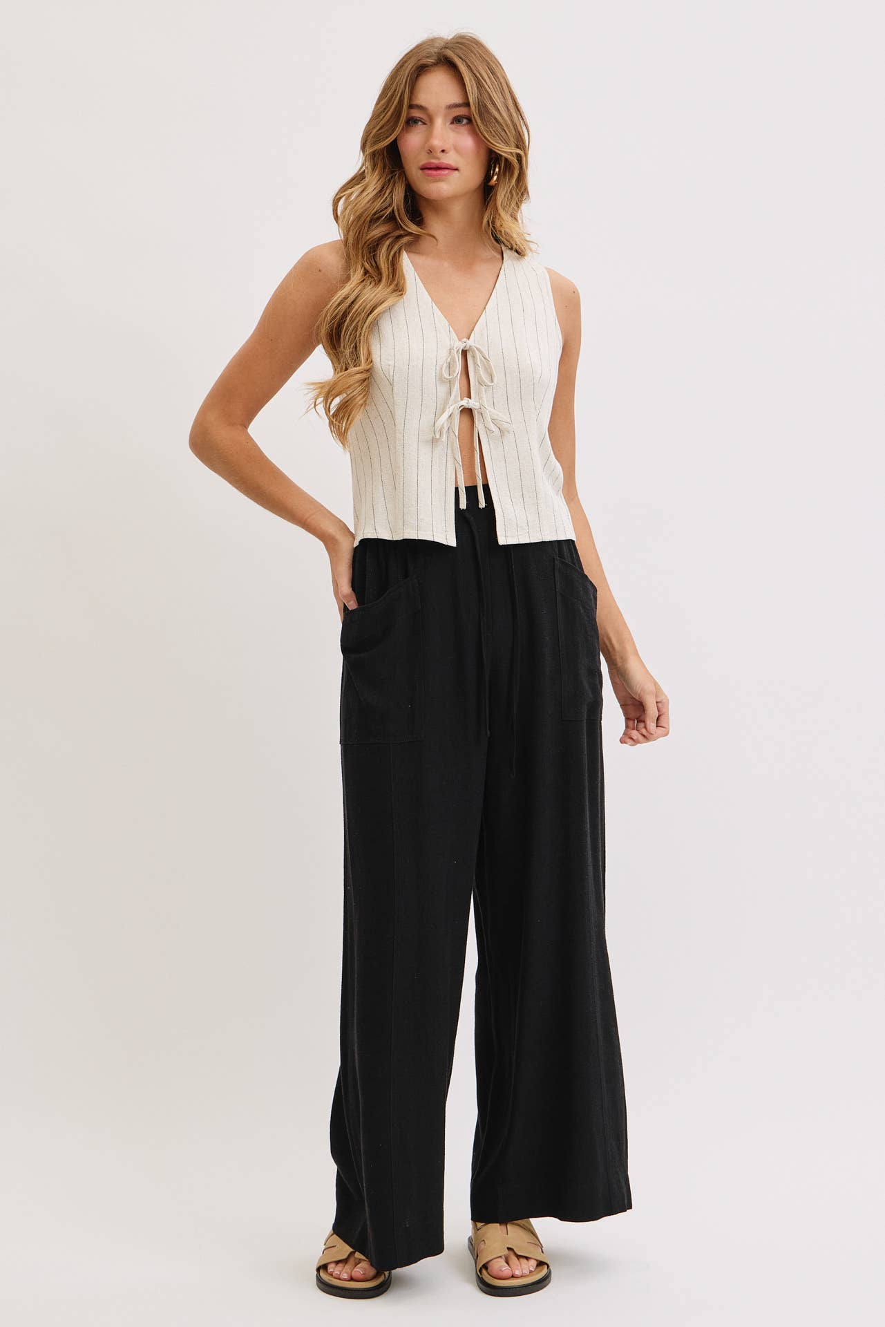 WIDE LEG TIE WAIST LINEN PANTS
