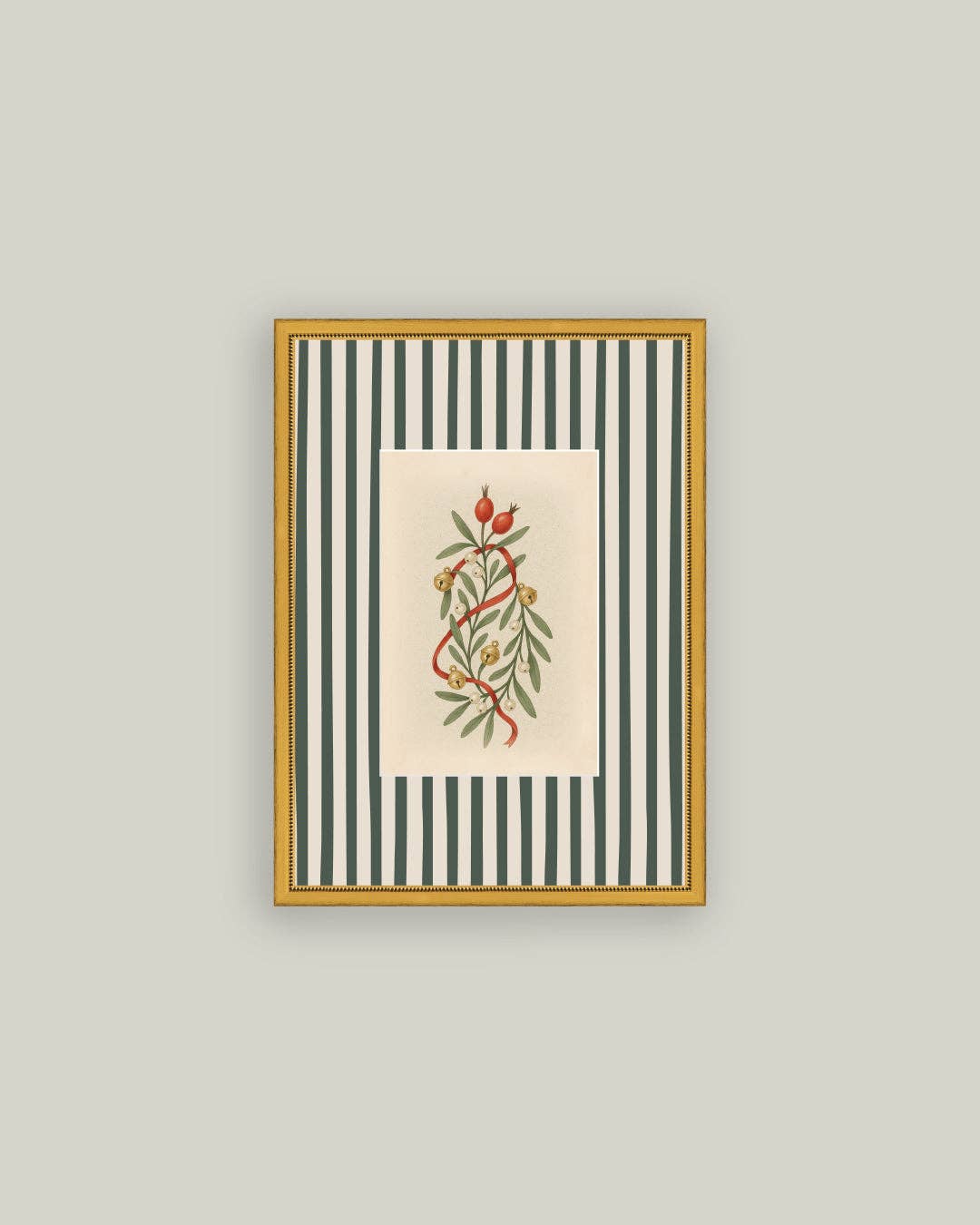 Holly Bells on Stripes Framed Antique Art