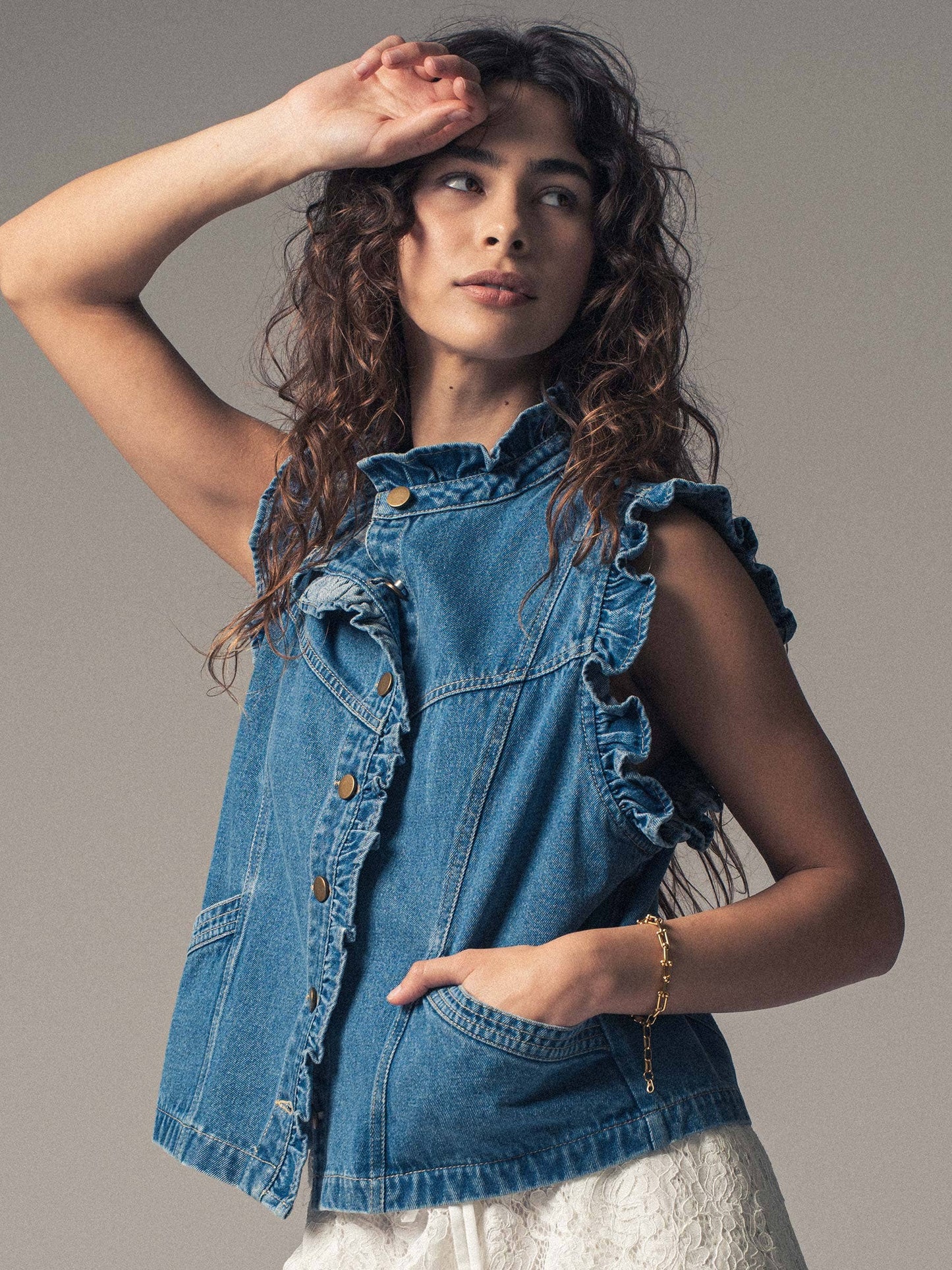 Victorian Ruffle Trim Denim Vest with High Collar