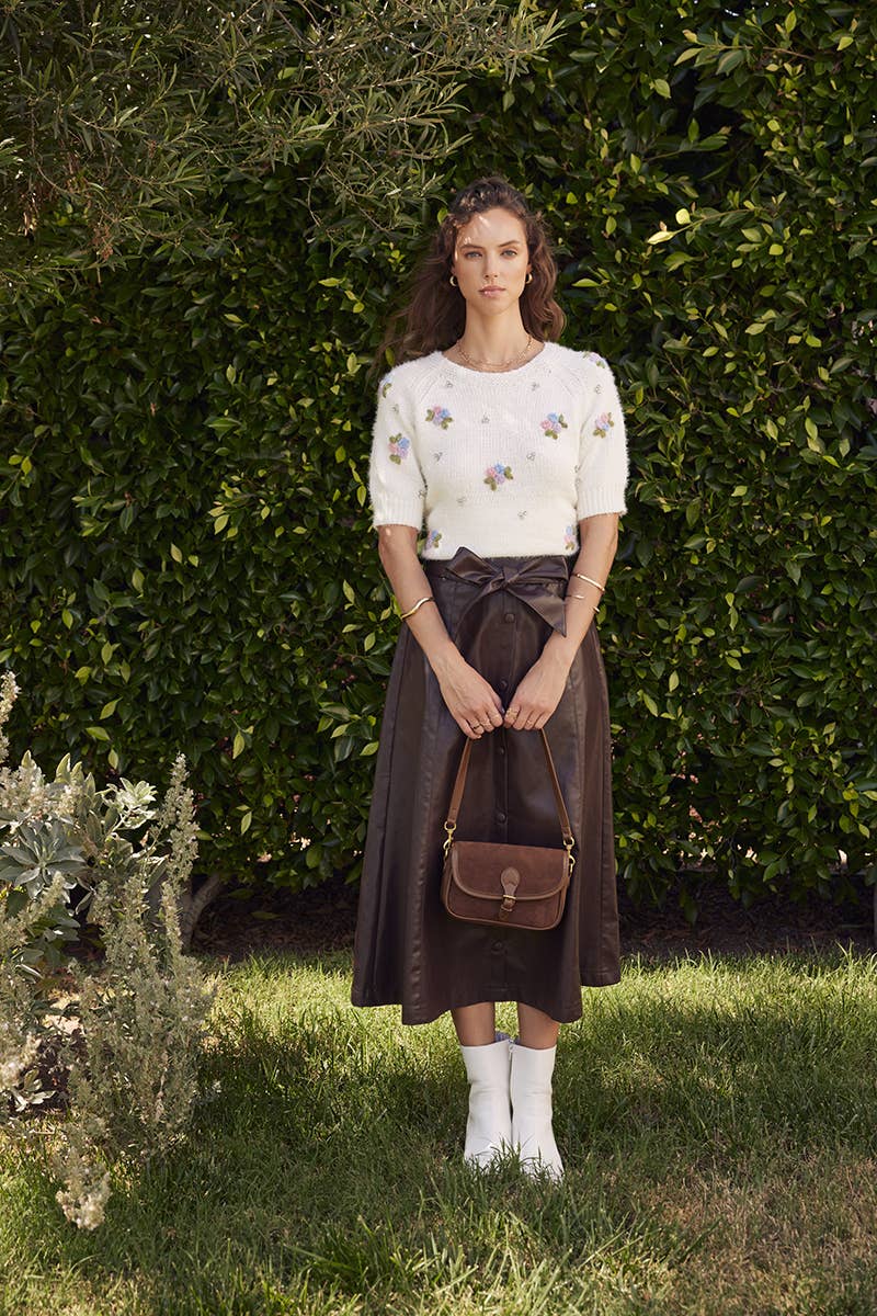 SOPHISTICATED VEGAN FAUX LEATHER BELTED MIDI SKIRT
