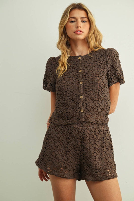 CROCHET SHORT SLEEVE BUTTON FRONT TOP