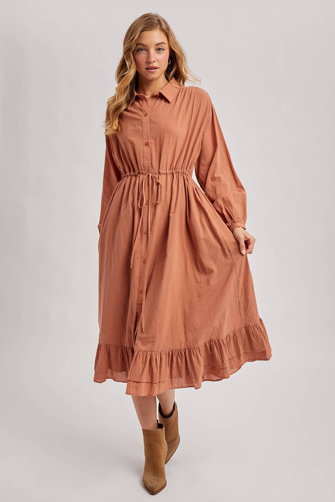 RUFFLED MIDI OPEN DUSTER OR SHIRT DRESS