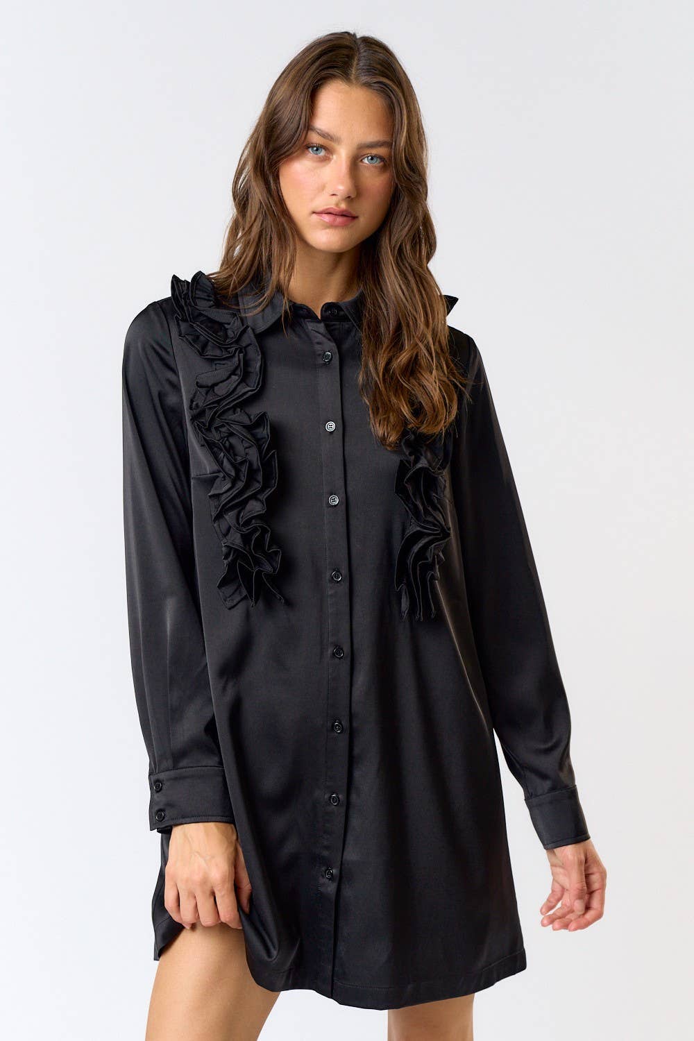 ILD4237 SATIN RUFFLE DETAIL BUTTON DOWN SHIRT DRESS