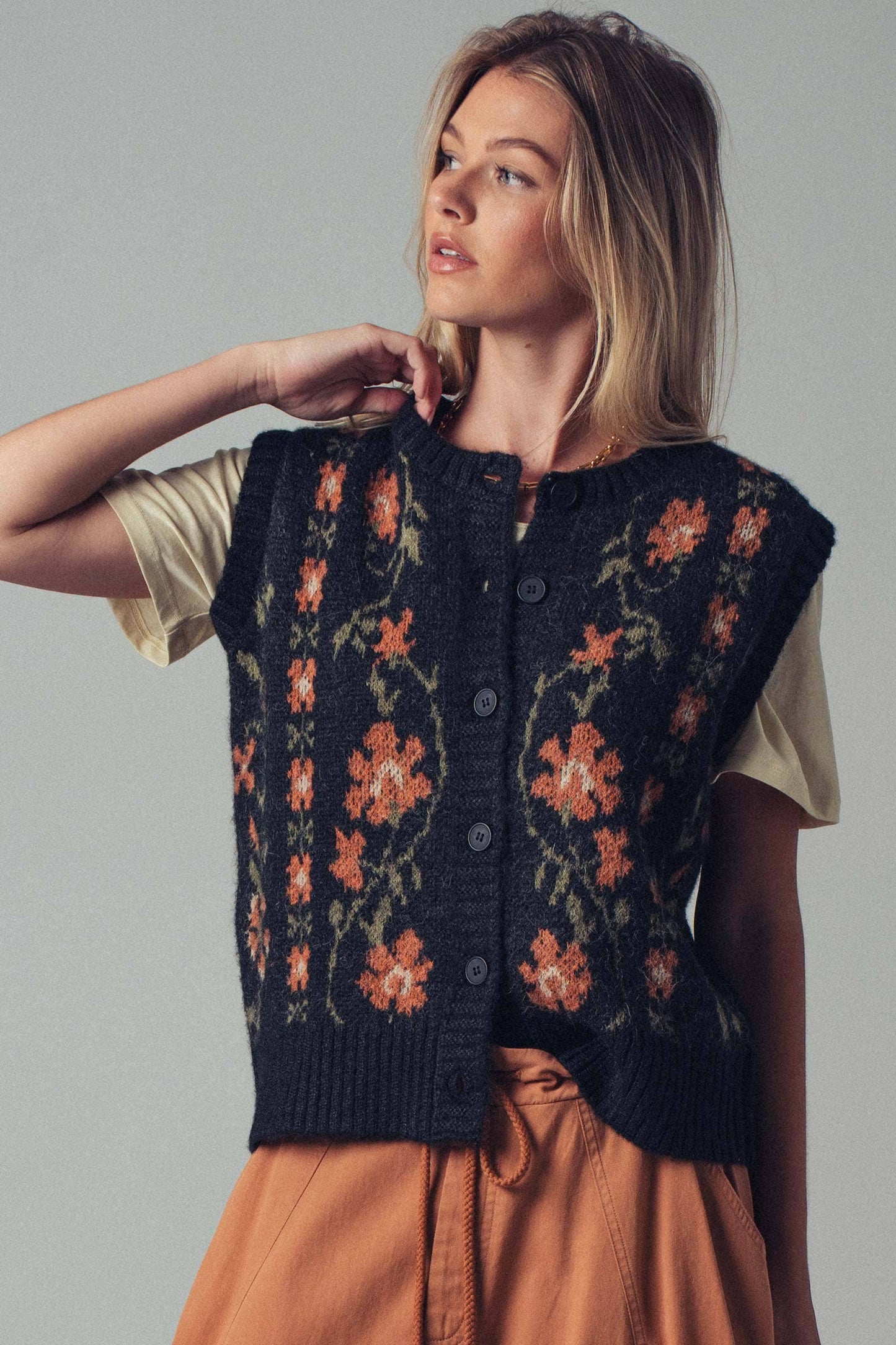 Floral Knit Button-Up Sweater Vest