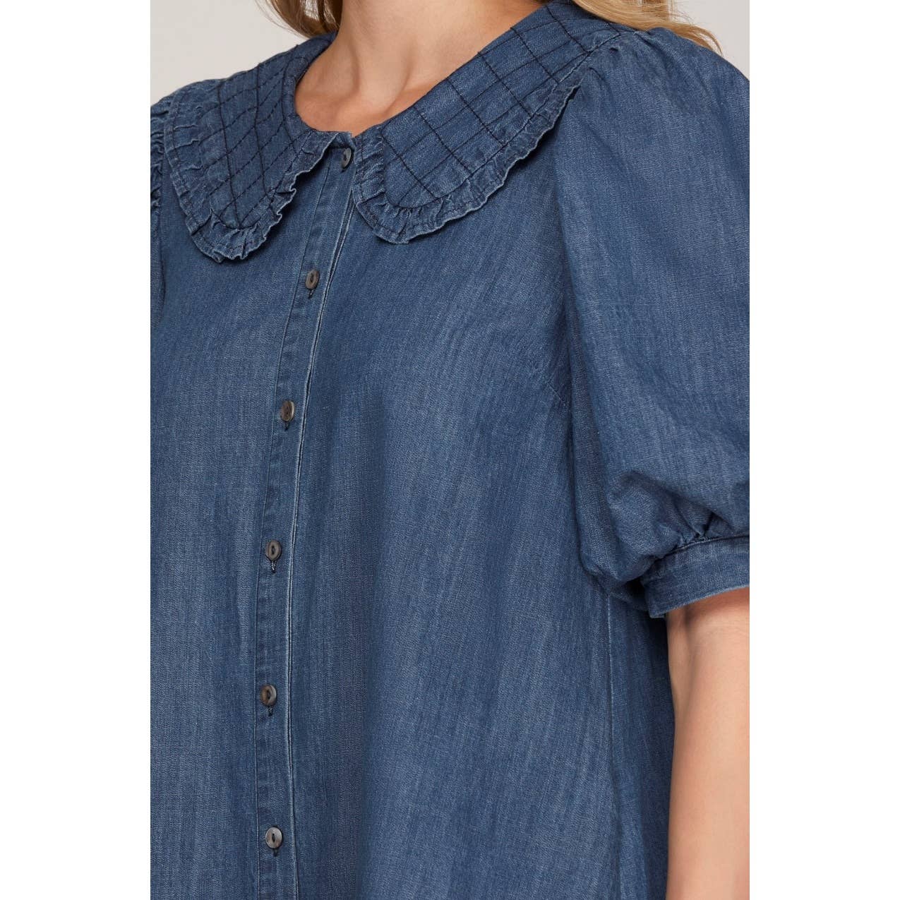 Washed Denim Short Puff Sleeve Dress