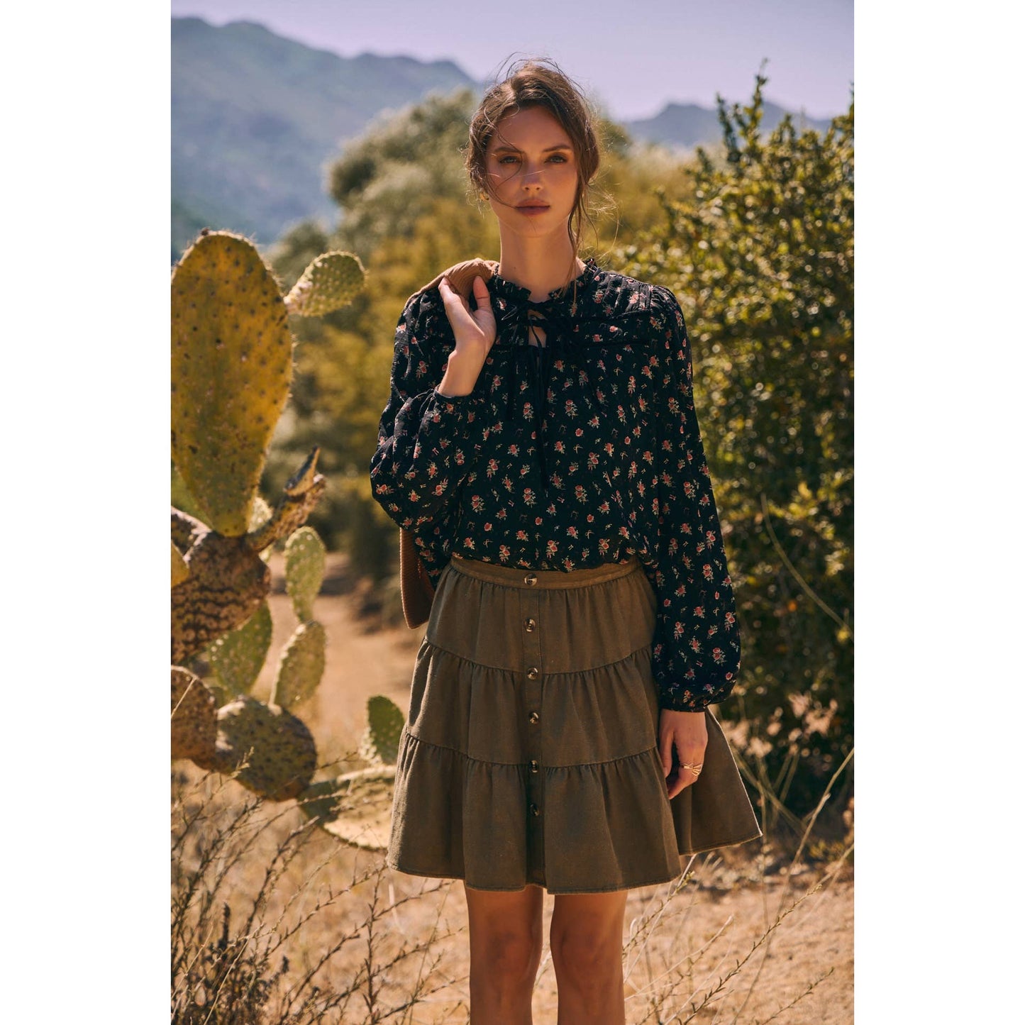 BREEZY FALL DAYS VELVET FLORAL BLOUSE WITH DELICATE RUFFLES