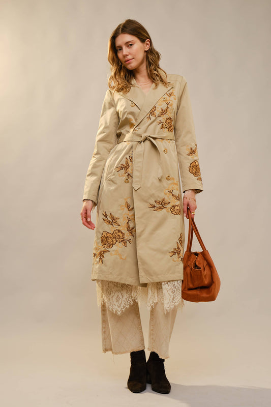 Floral Embroidered Double Breasted Belted Trench Coat