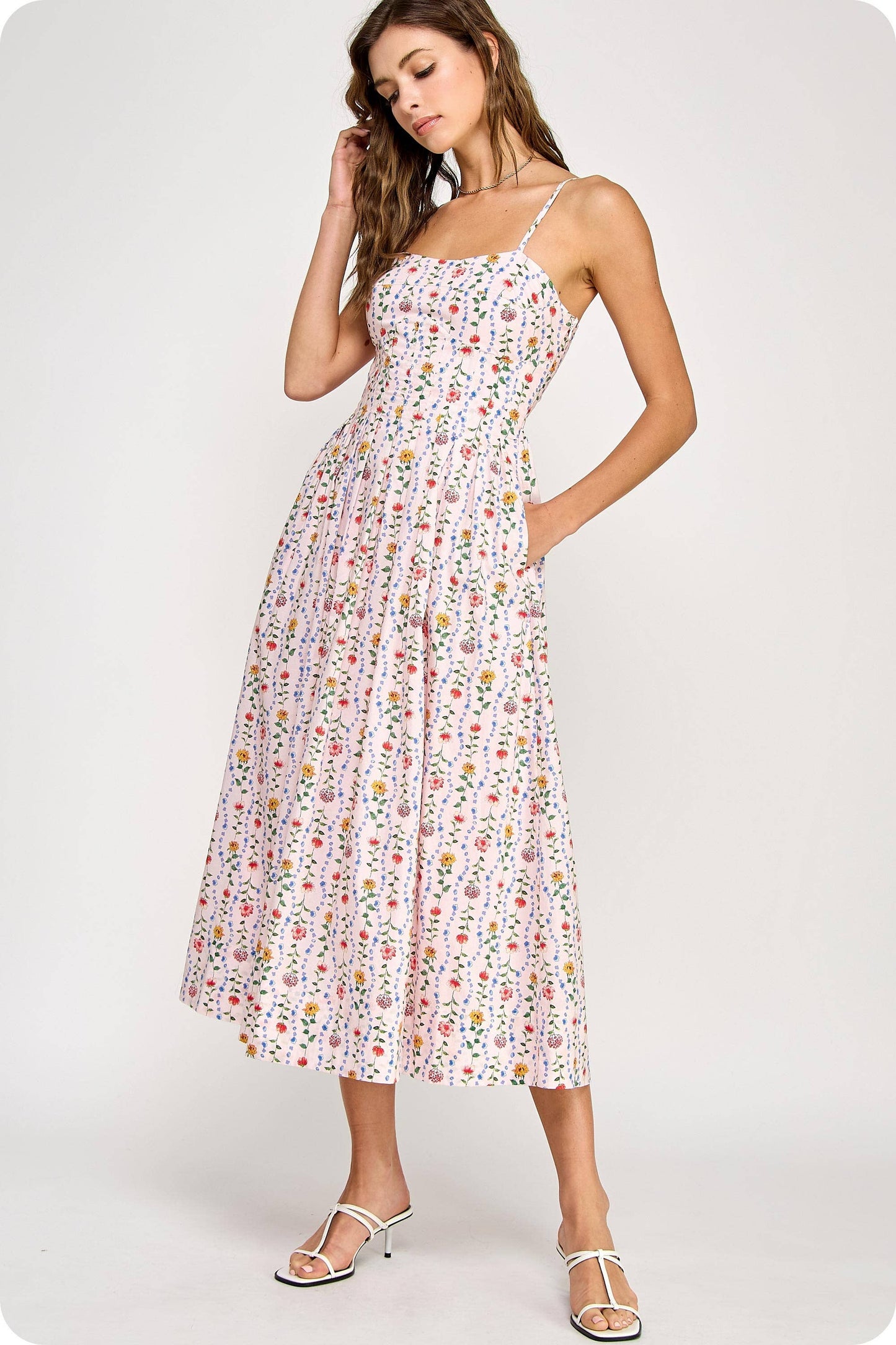Floral Poplin Corset Sleeveless Midi Dress