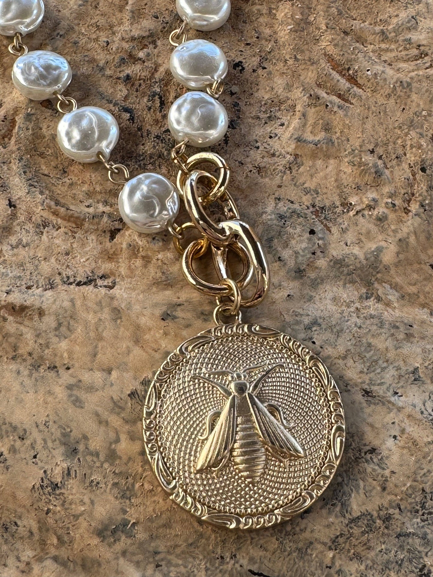 Majesty Bee Medallion Pearl Coin Necklace