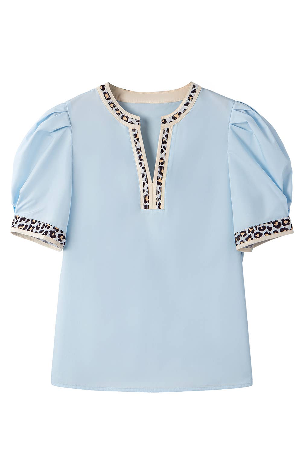 Contrast Leopard Trim Puff Sleeve Blouse | S-XL