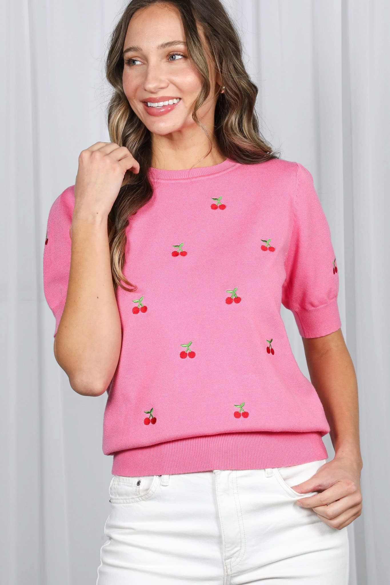 Cherry Embroidered Crew Neck Knitted Sweater VT82686A