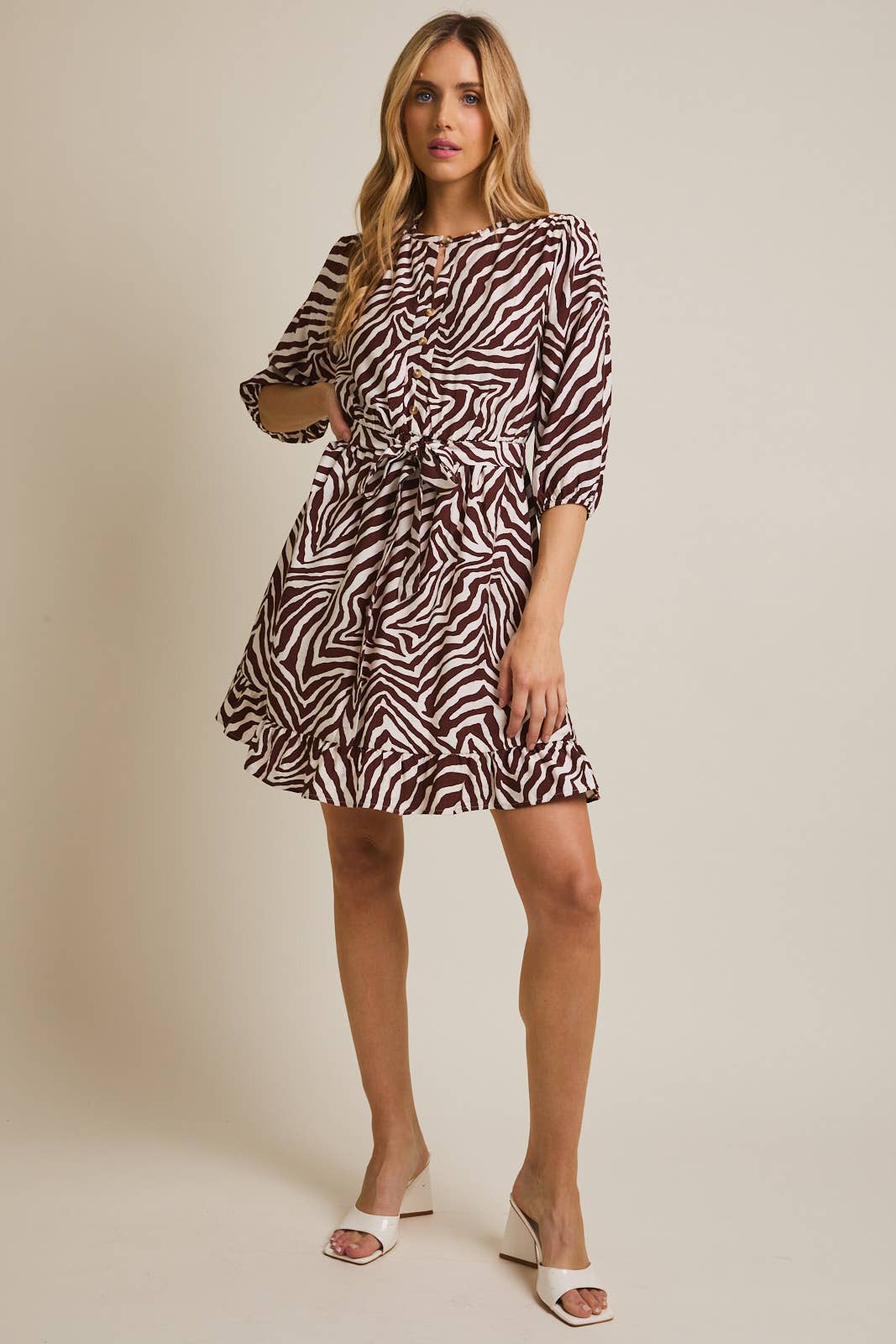ROUND NECK 3/4 SLEEVE WAIST TIE ZEBRA DRESS