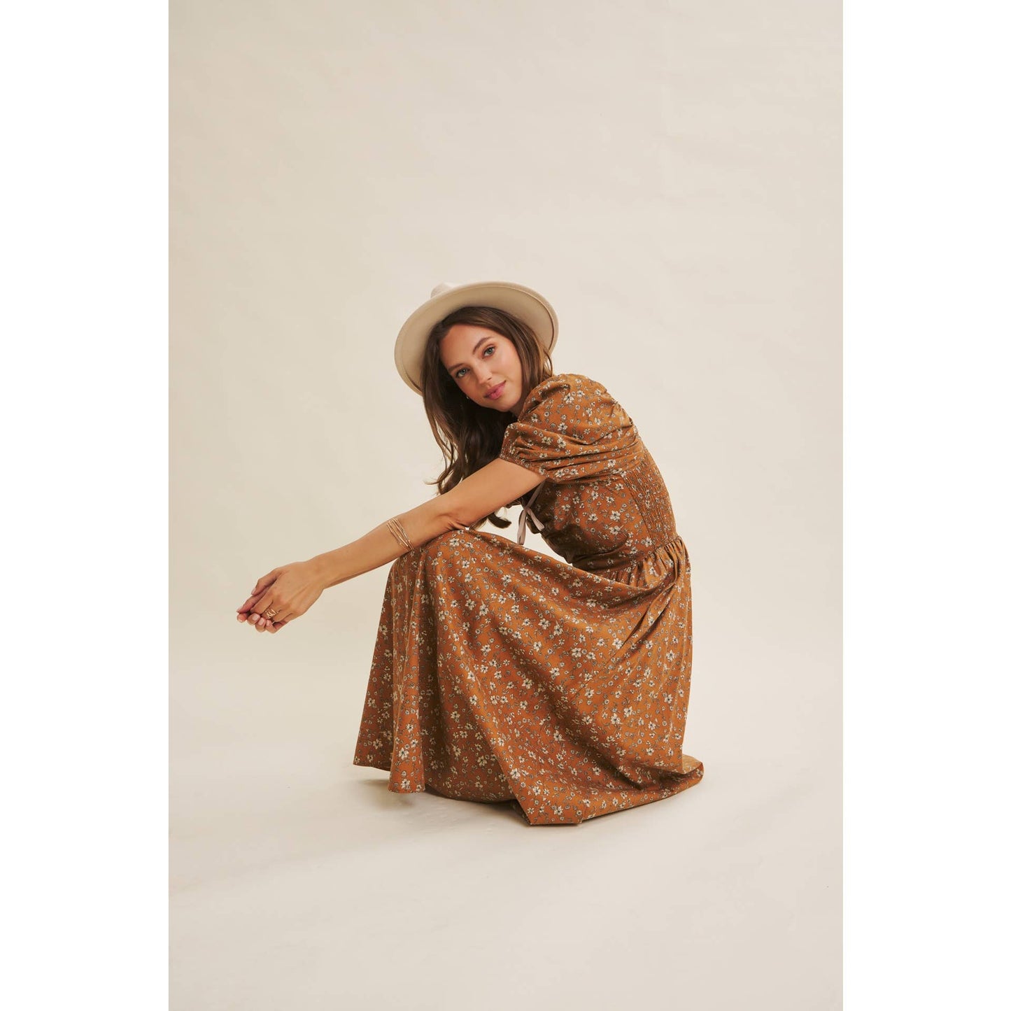 GOLDEN HOUR FLORAL PUFF SLEEVE MIDI DRESS WITH SMOCKED BACK