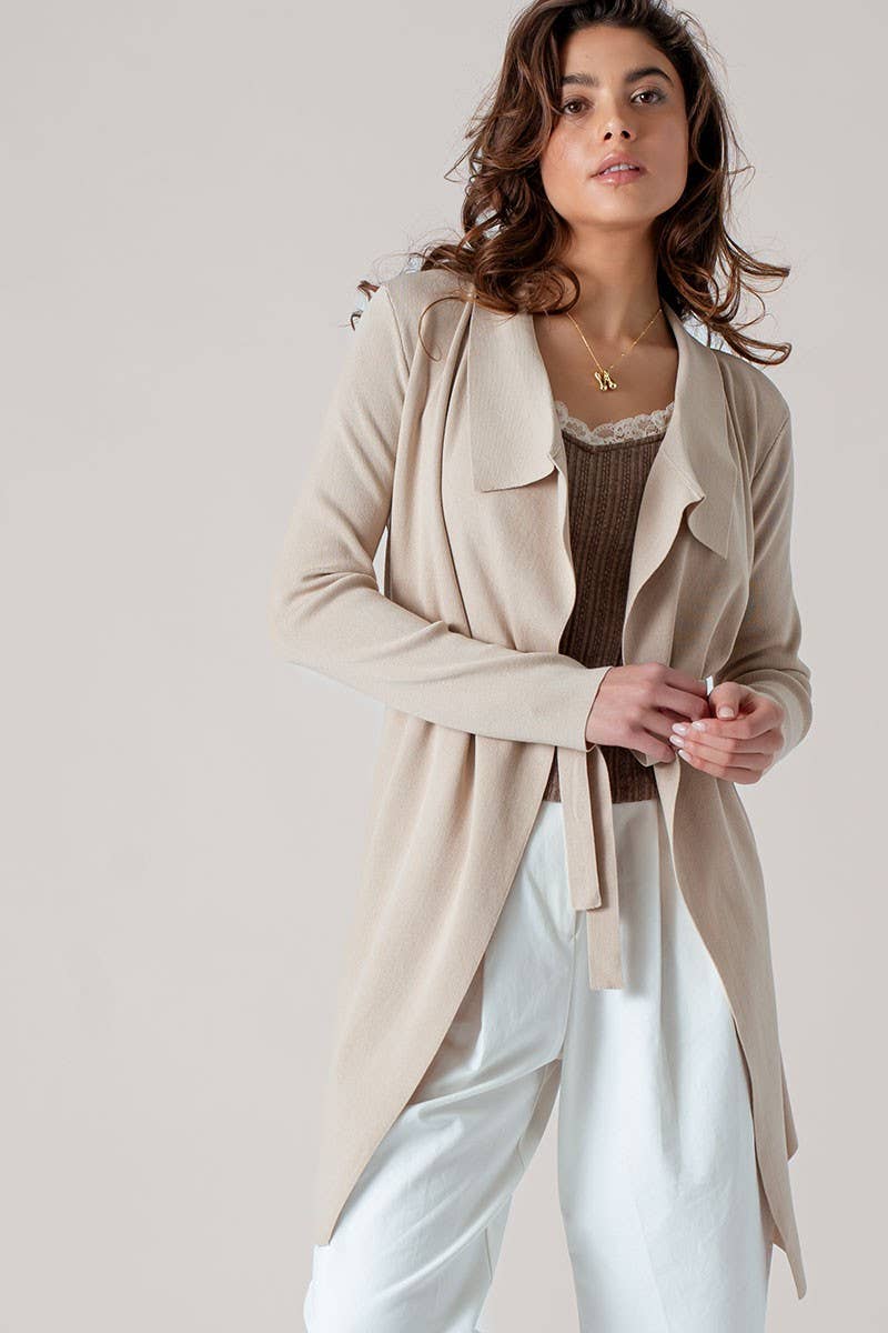 Draped Front Long Sleeve Waist Tie Cardigan