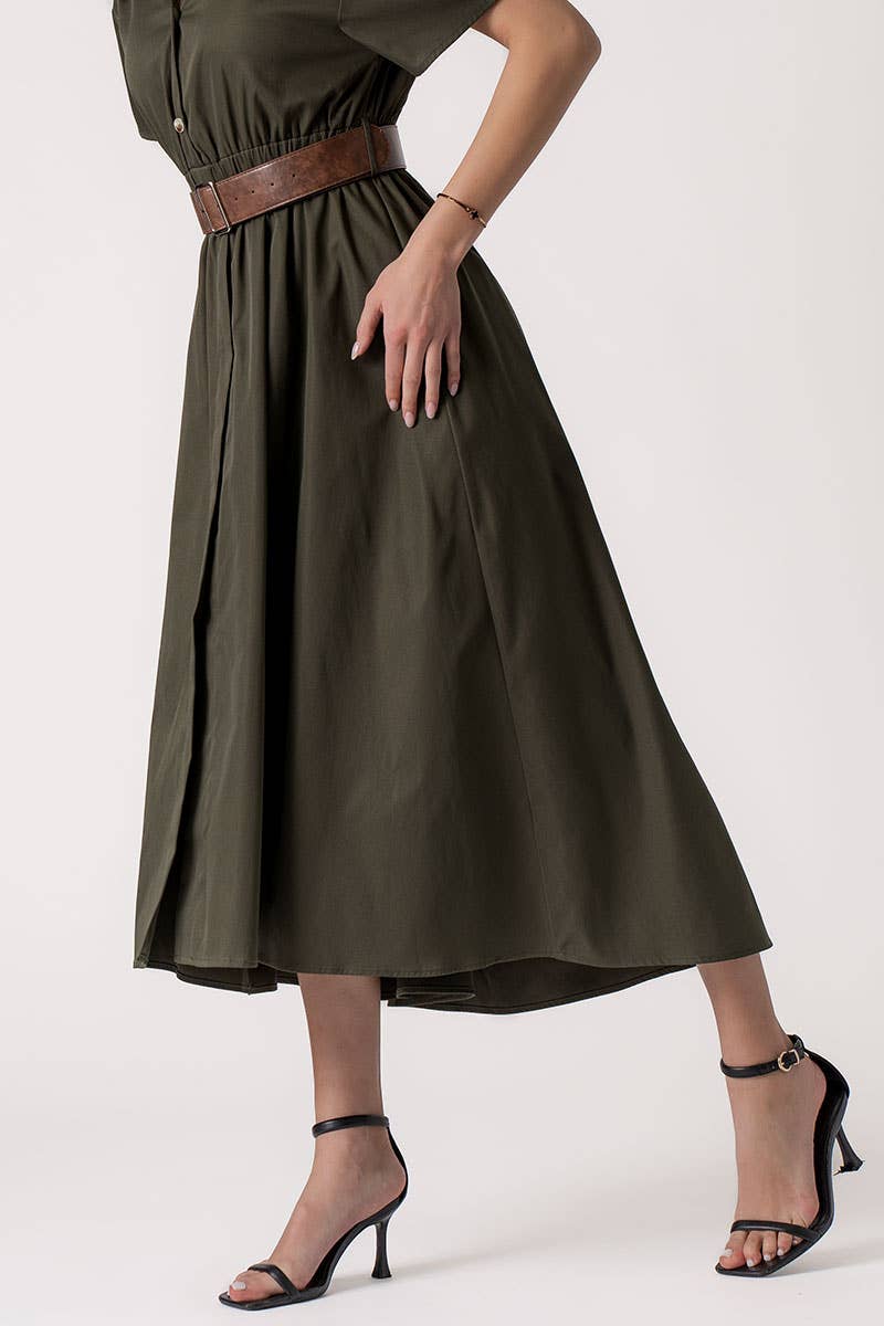 Exaggerated Collar Spring Shirt Belted Midi Dress