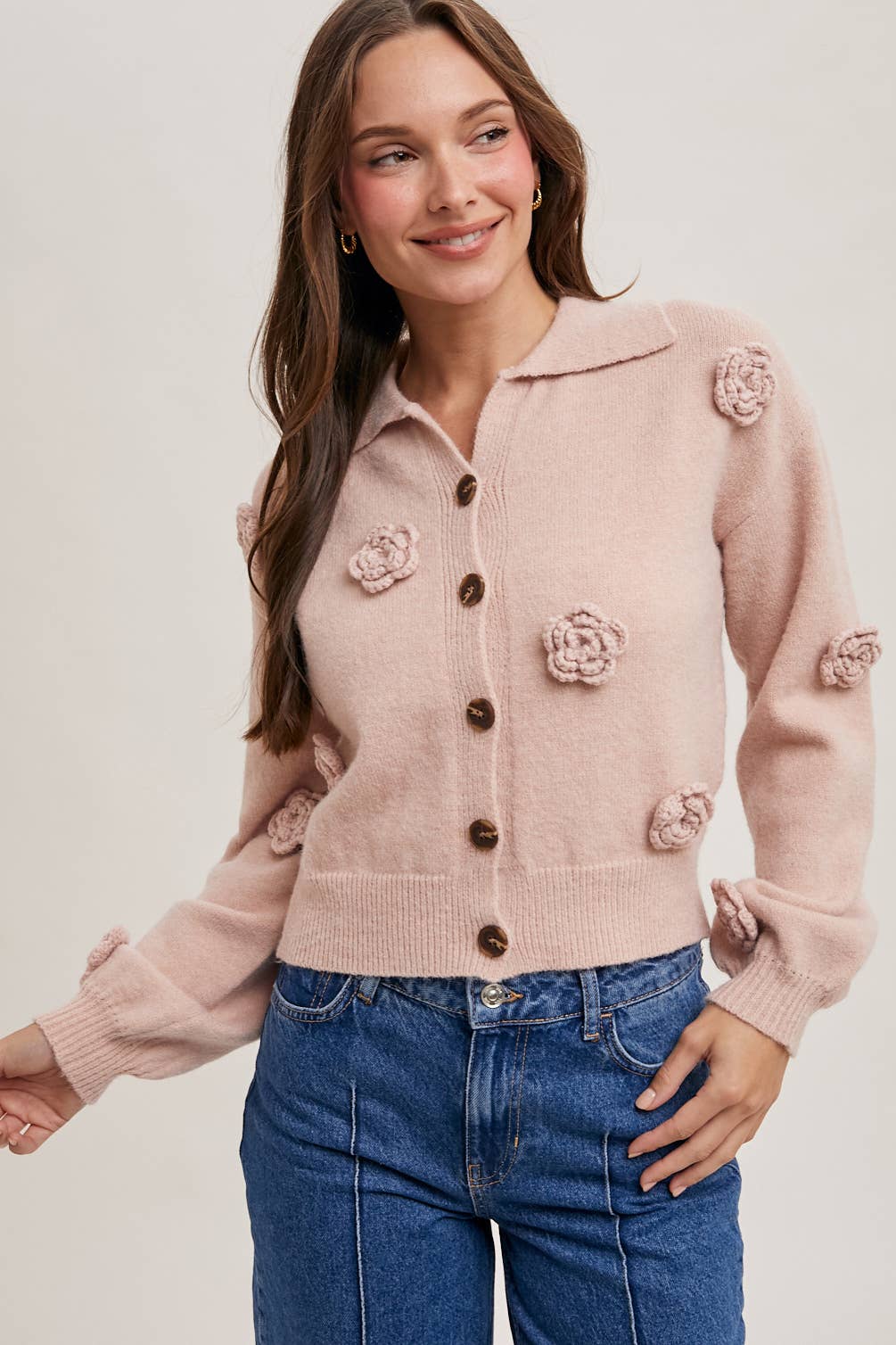 FLORAL EMBROIDERY BUTTON DOWN COLLAR KNIT CARDIGAN