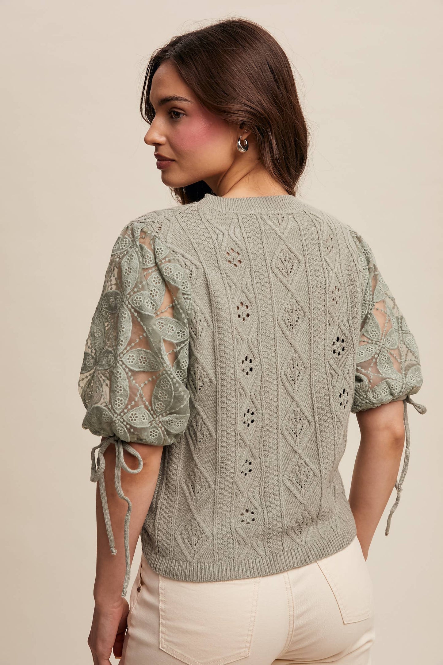 Eyelet Puff Sleeve Knit Sweater Top