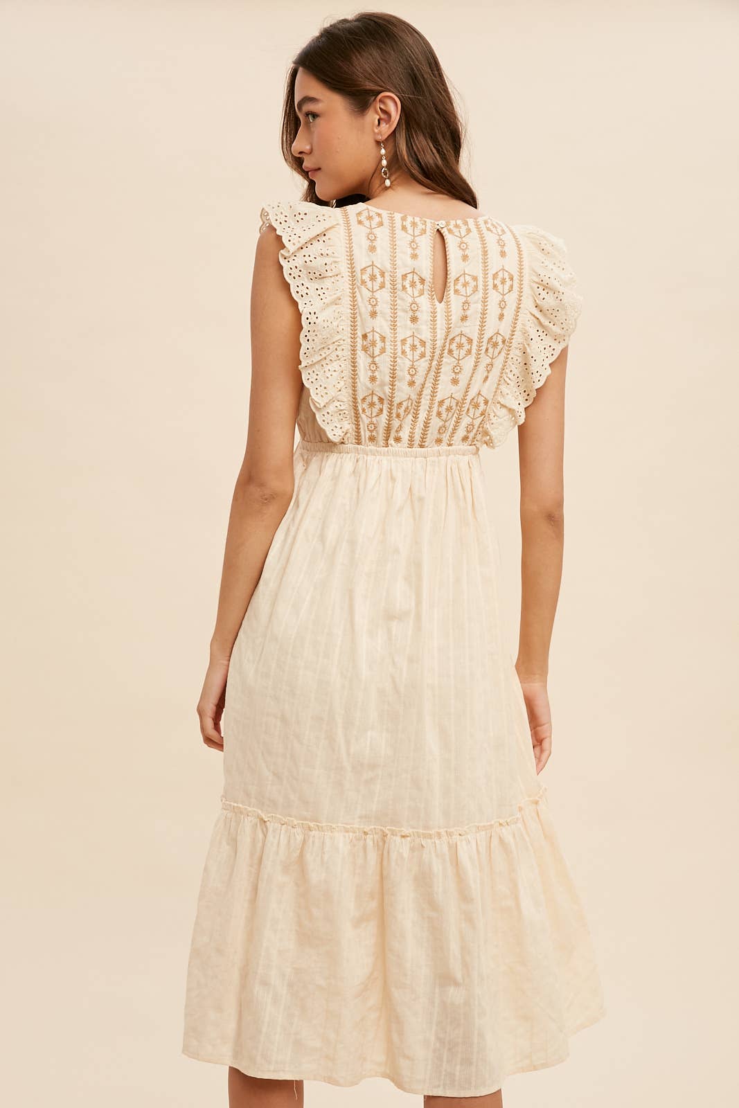 EYELET FLUTTER SLEEVE EMBROIDERED MIDI DRESS