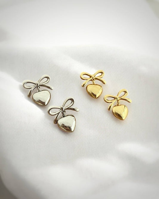 Cherish Bow Ribbon Heart Dangle Earrings Gold Filled Silver