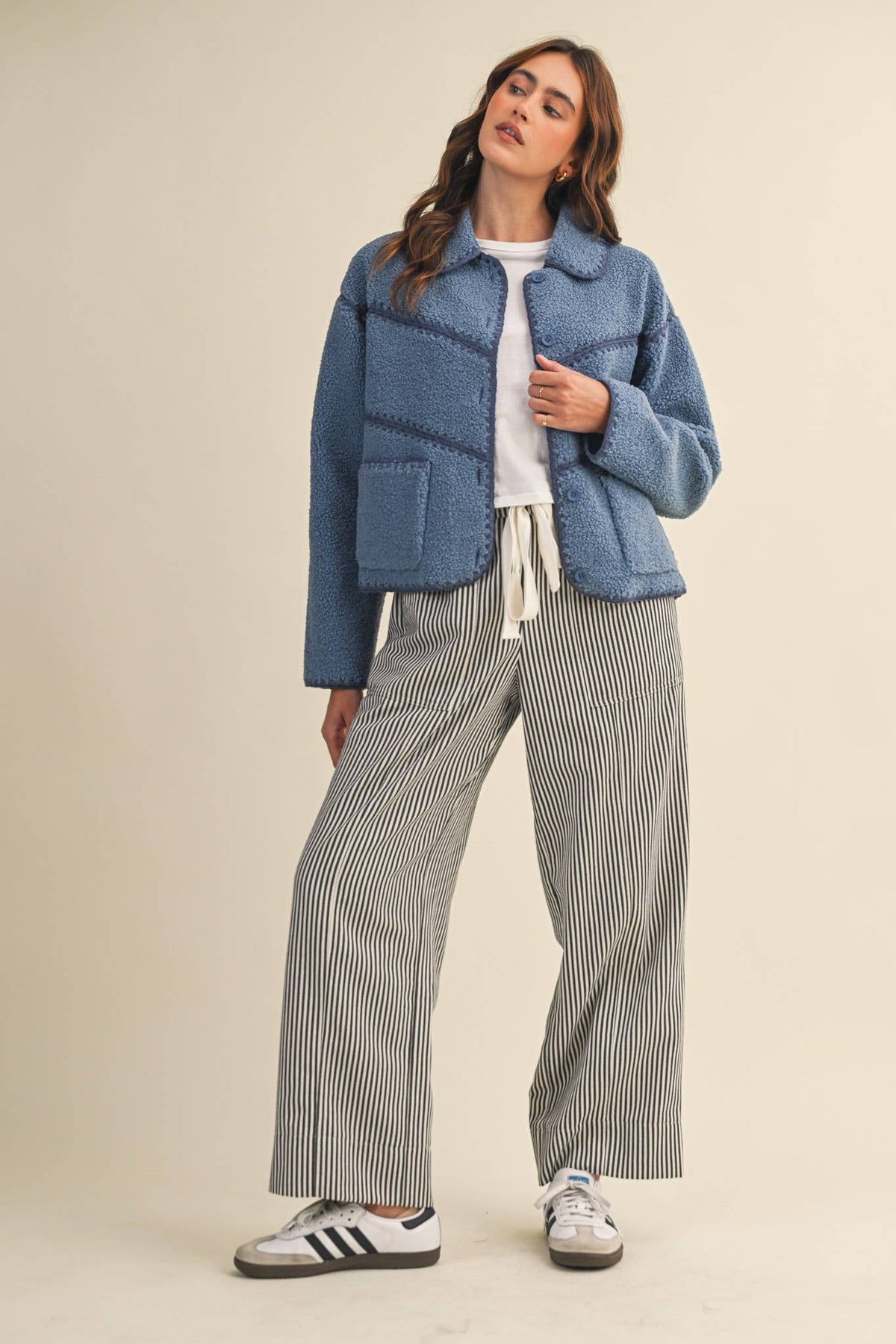FAUX SHERPA FLEECE JACKET WITH BLANKET STITCH
