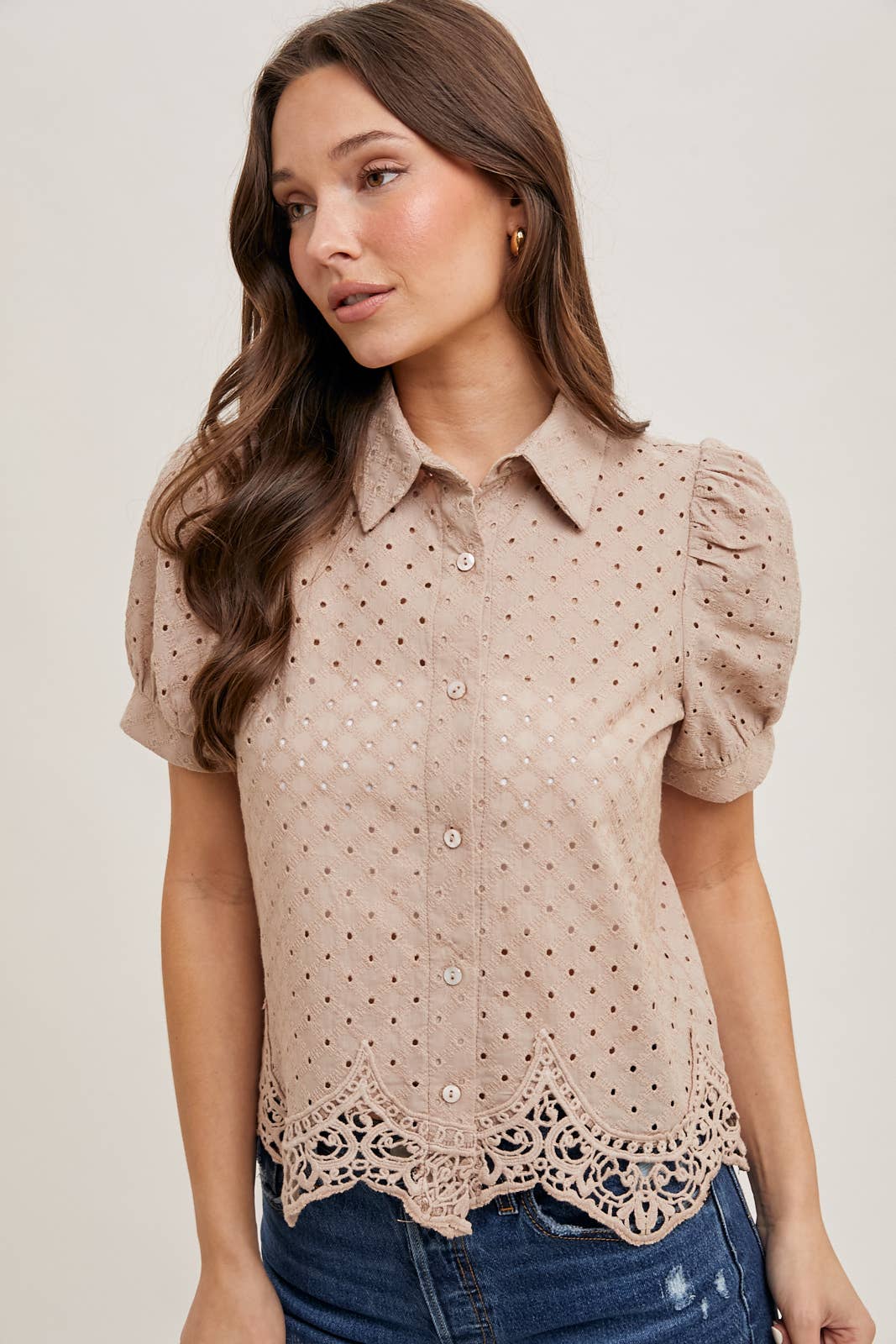 EYELET LACE TRIMMED BUBBLE SLEEVE SHIRT BLOUSE
