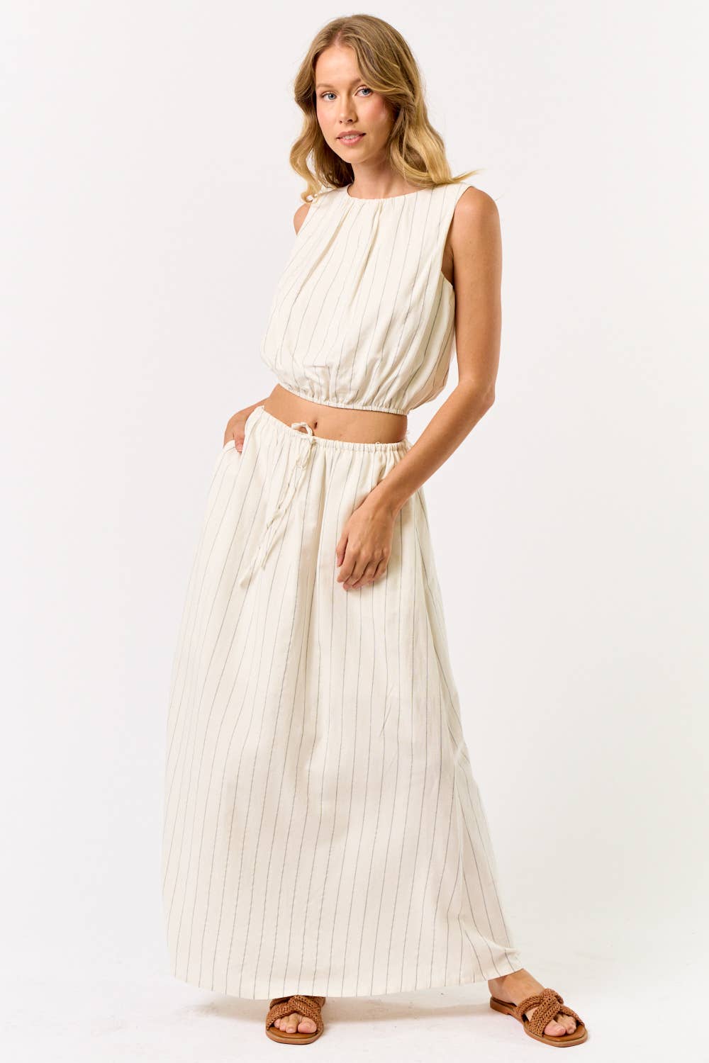 ILS5669 Stripe Cropped Bubble Top With Matching Maxi Skirt