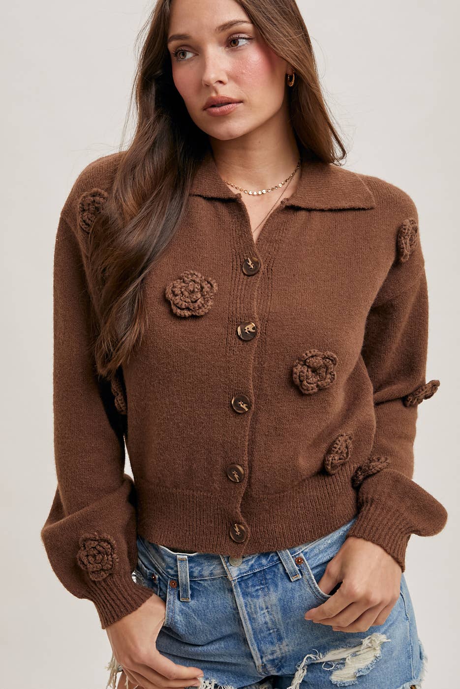 FLORAL EMBROIDERY BUTTON DOWN COLLAR KNIT CARDIGAN