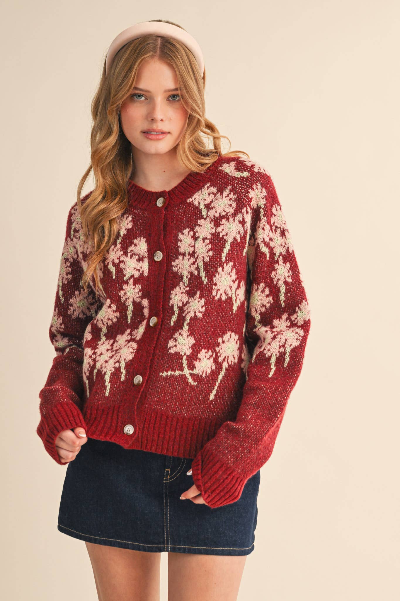 FLORAL KNIT BUTTON DOWN SWEATER CARDIGAN MSW11238