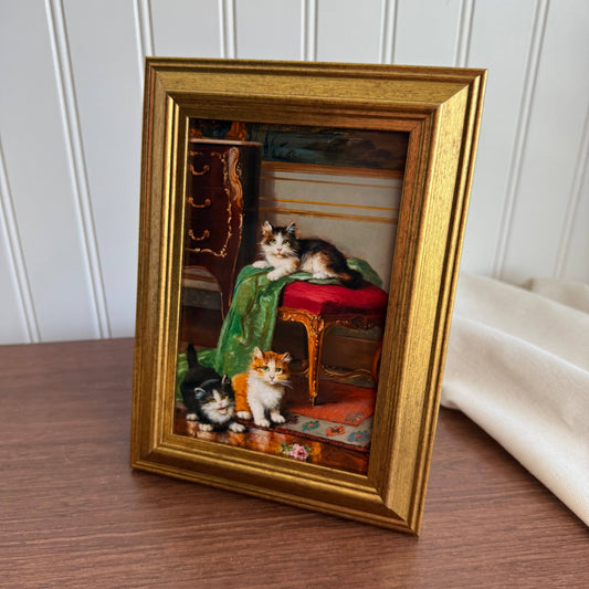 Vintage Style Kitties & French Chair Art Print Framed