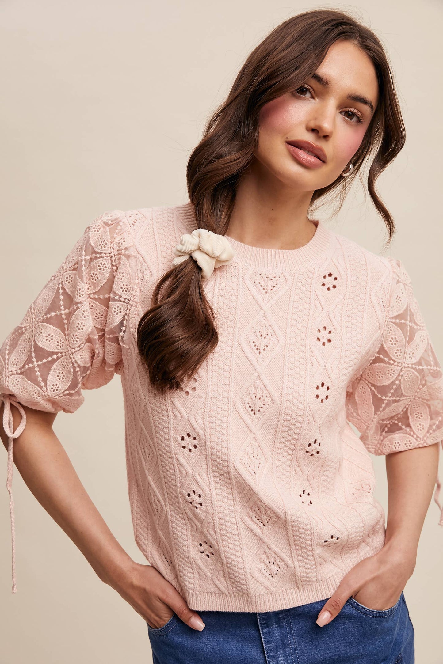 Eyelet Puff Sleeve Knit Sweater Top