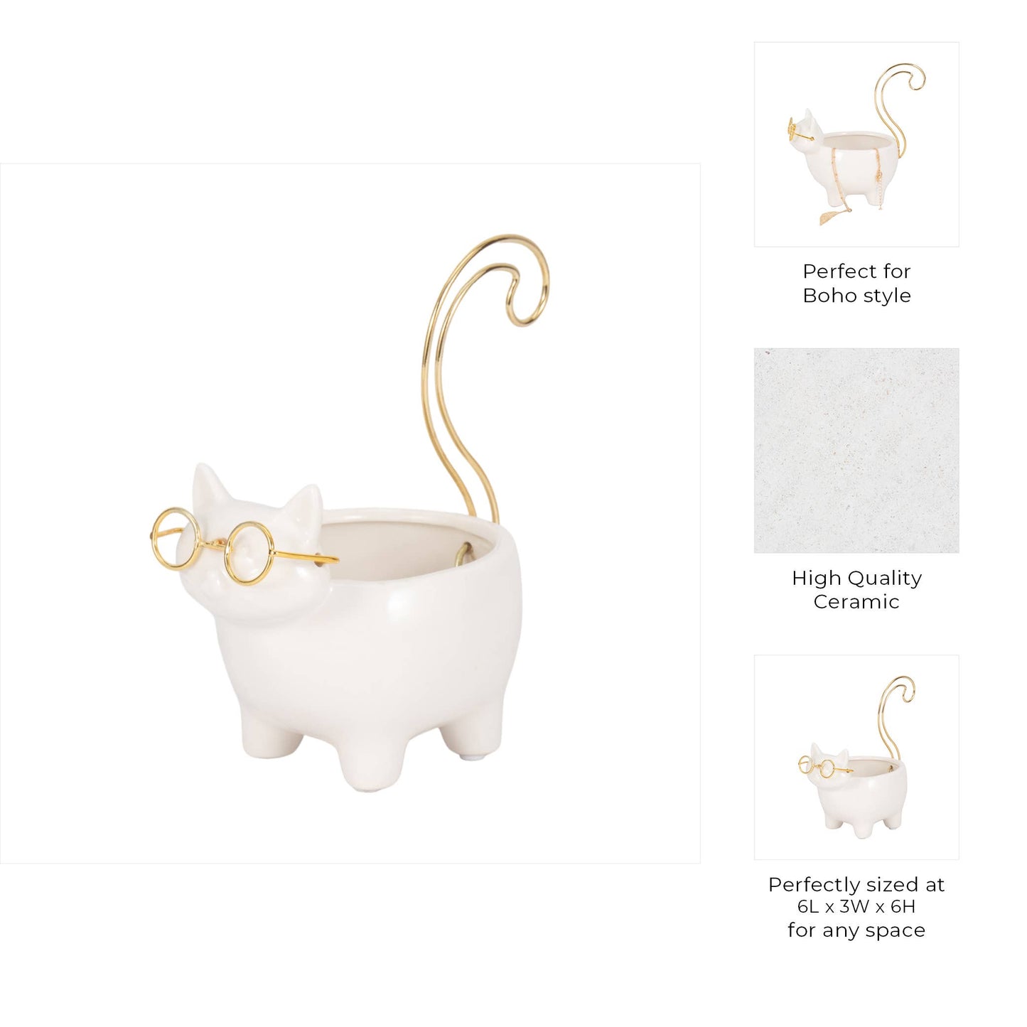 White/Gold 6 in. Ceramic Boho Kitty Trinket Dish
