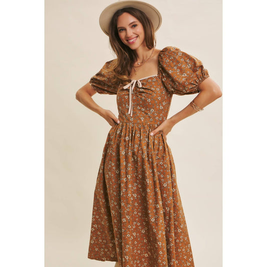 GOLDEN HOUR FLORAL PUFF SLEEVE MIDI DRESS WITH SMOCKED BACK