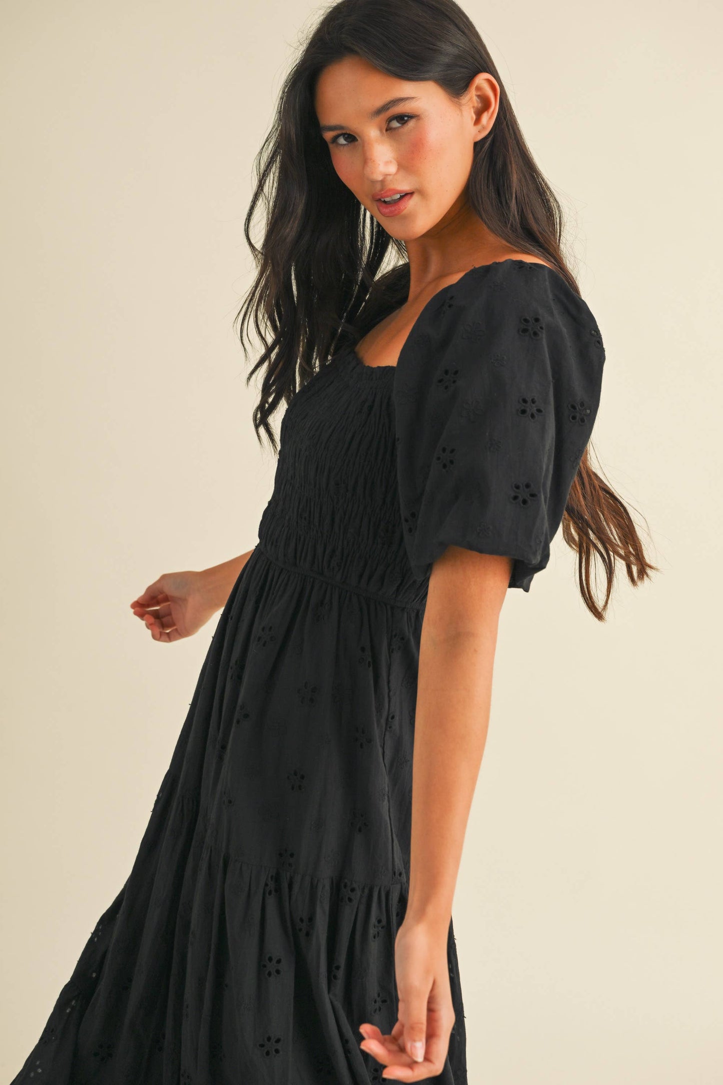 ID8852 EYELET PUFF SLEEVES MIDI DRESS WITH SMOCKING