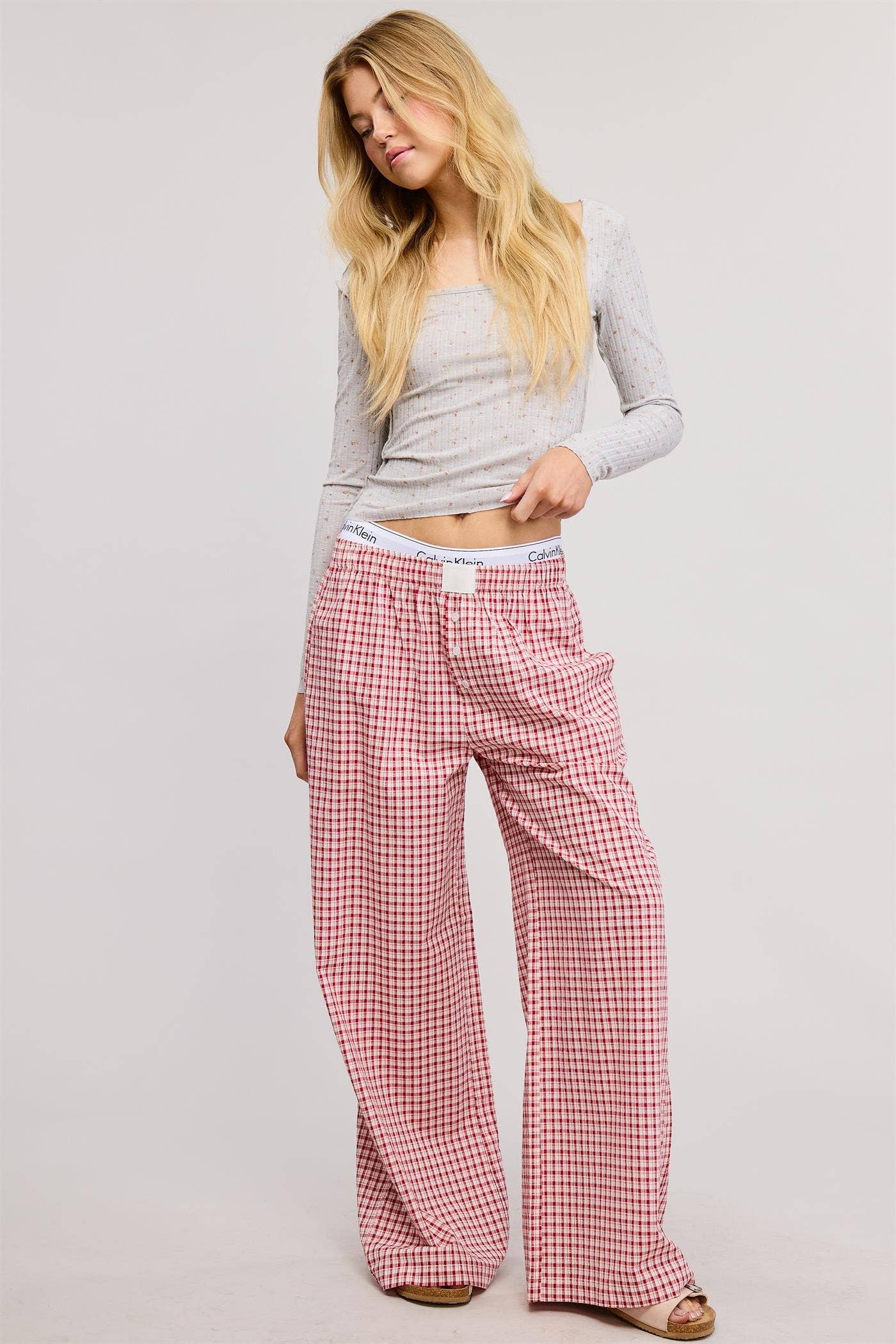 Mid Rise Elasticized Waistband Gingham Pattern Pants