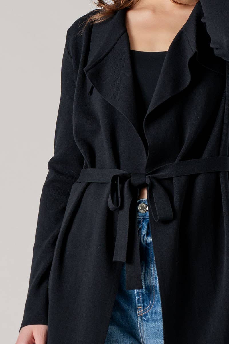 Draped Front Long Sleeve Waist Tie Cardigan